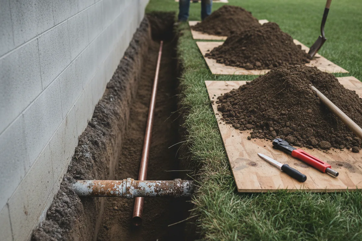 Excavated water line trench during Sewer Line Repair in Jeffersonville